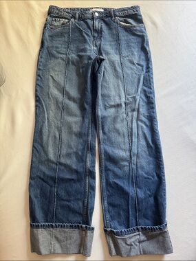 Mango Distressed Blue Wide-Leg Jeans With Front & Back Seam Detailing